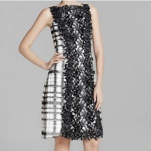Tadashi Shoji lace black white floral plaid dress 14